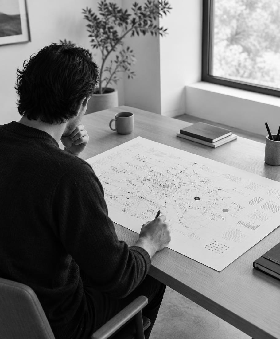 Consultant reviewing a printed data decision map